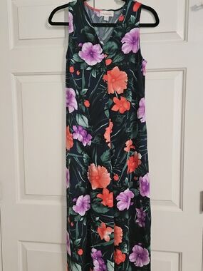 Linden Street Floral Maxi Dress in Navy with Coral & Lavender Blooms